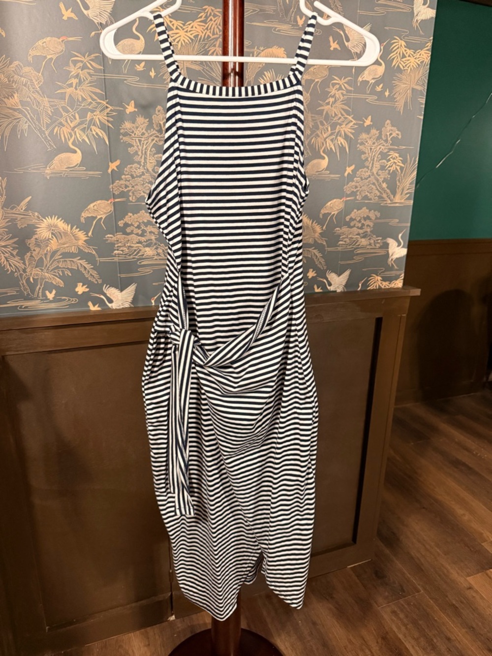 Striped Navy and White Tie-Waist Midi Dress